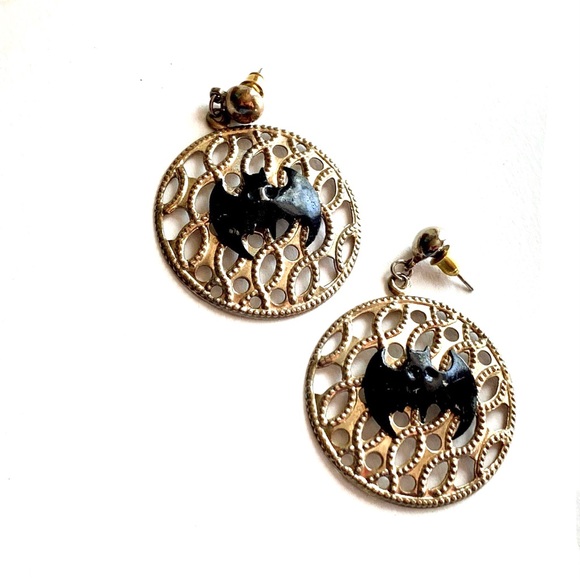 Jewelry - 5/$35 Vintage Witchy Goth Punk Black Bat Halloween Dangle Earrings Gold Tone